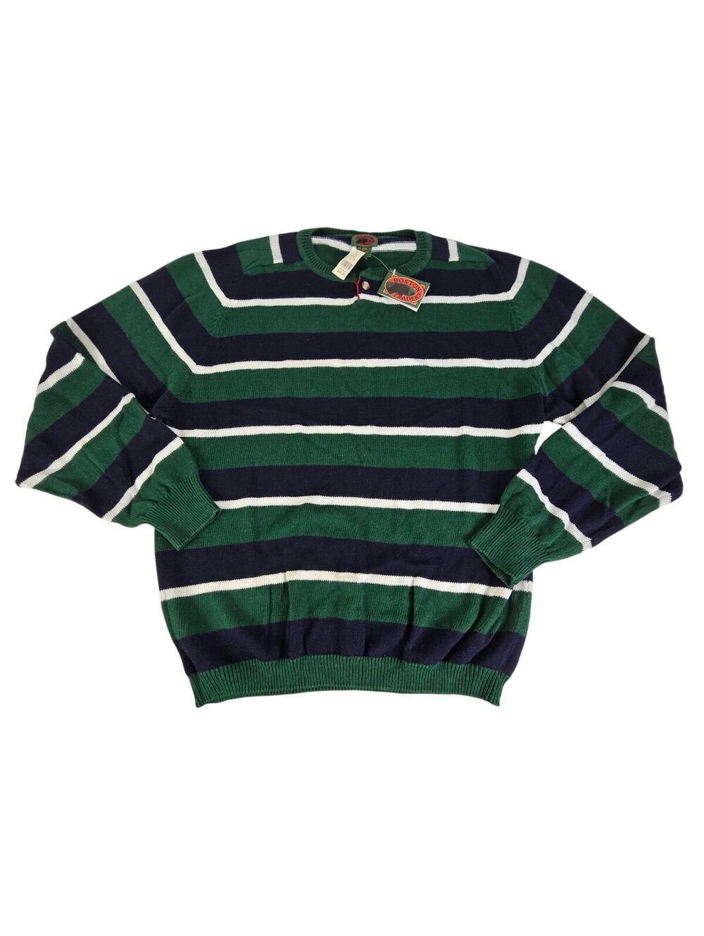 MEN'S BOSTON TRADER CREWNECK SWEATER LS RAMIE COTTON GREEN NAVY STRIPE 2XLT NWT